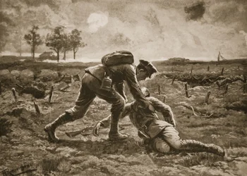 Le sergent Fuller court en avant, sous un feu terrible, pour secourir son officier blessé, le capitaine Haggard